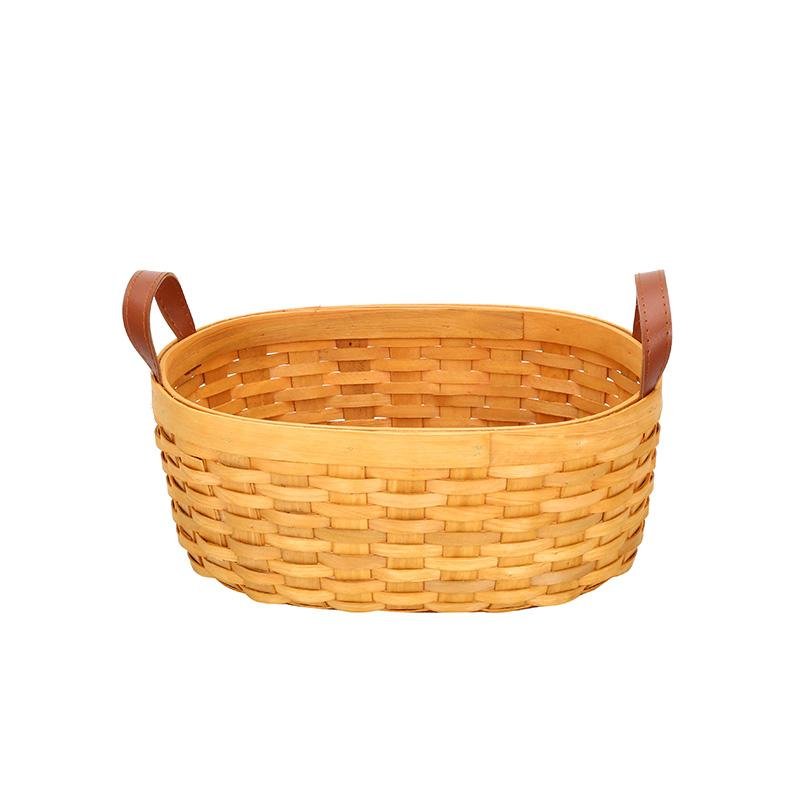 Rustic Semi - Oval Wood Fruit Basket with Handle