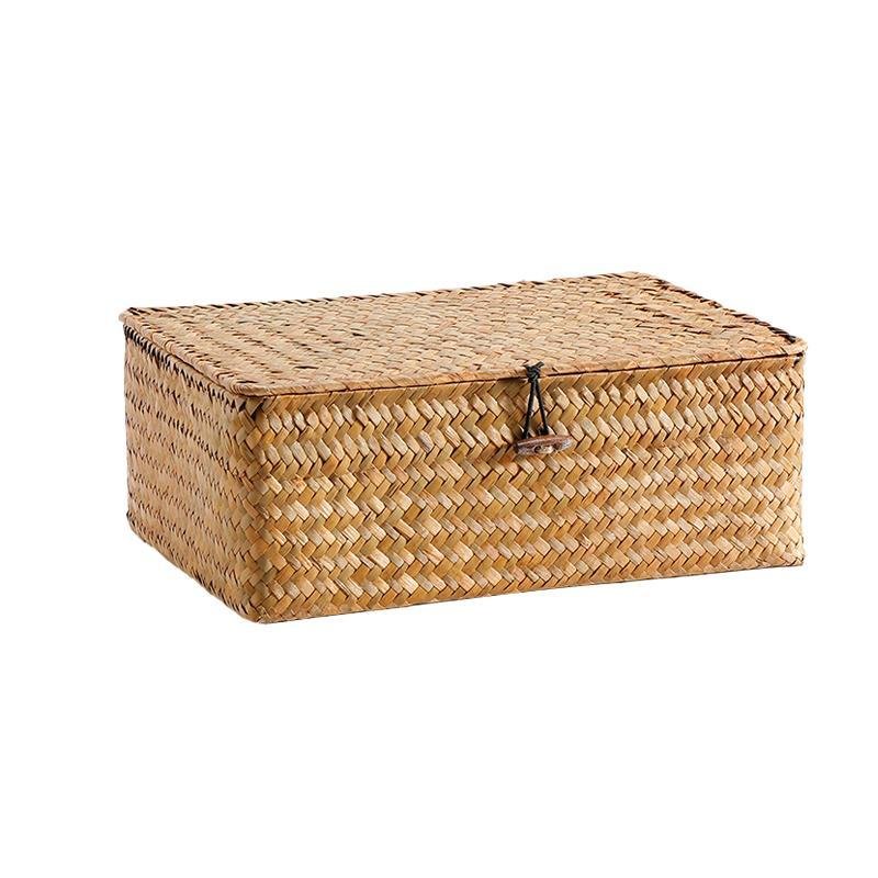 Rustic Straw Weaving Large Rectangular Storage Box
