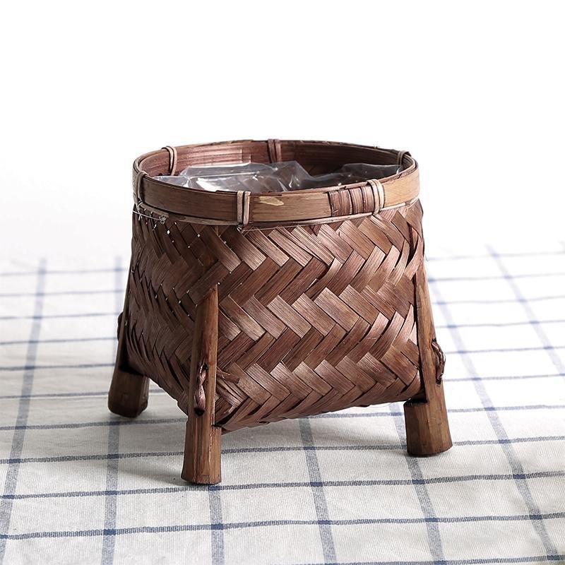 Farmhouse Dark Brown Bamboo Woven Round Floor Basket/Planters With Leg