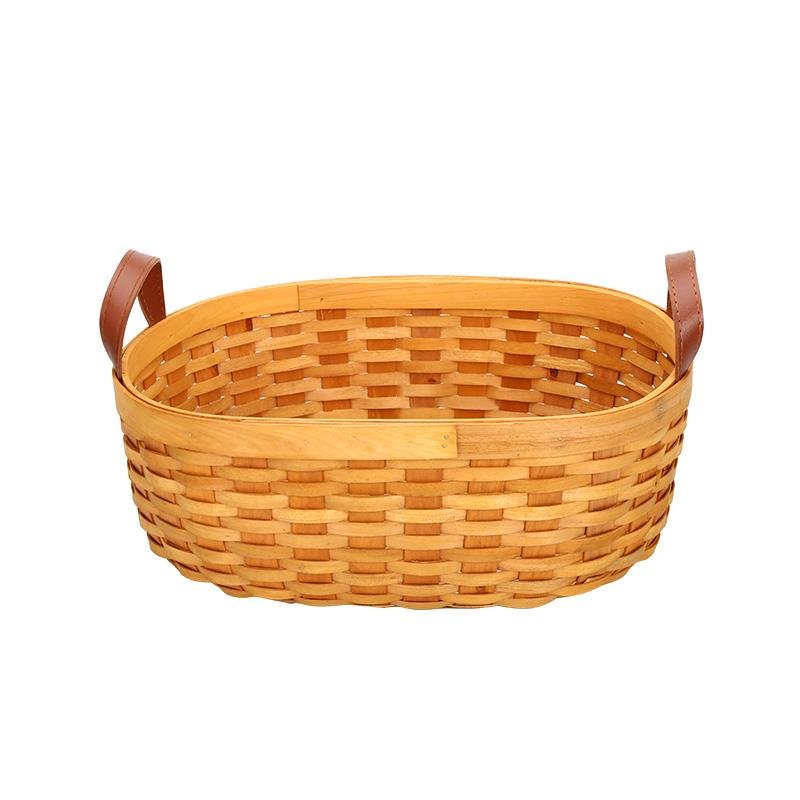 Rustic Semi - Oval Wood Fruit Basket with Handle