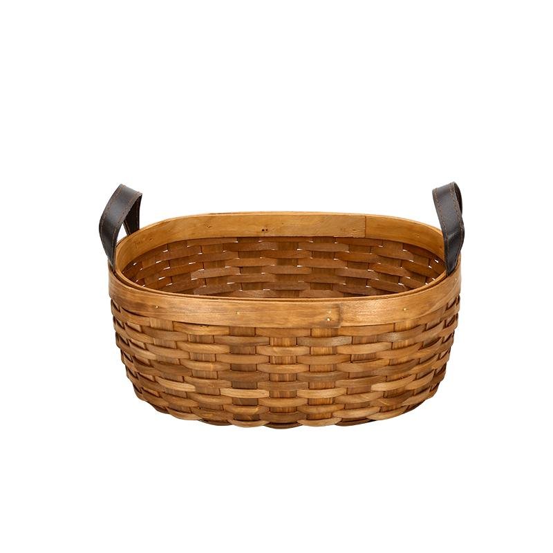 Rustic Semi - Oval Wood Fruit Basket with Handle