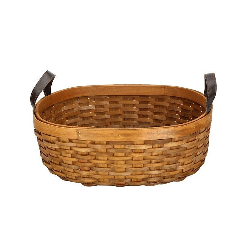 Rustic Semi - Oval Wood Fruit Basket with Handle