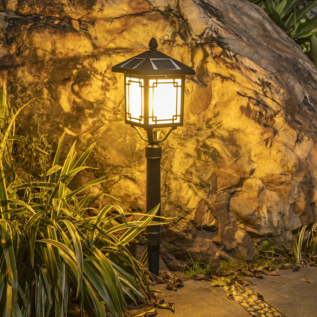 Ancient House Style Solar LED Post Light with 3-Step Dimming Durable Outdoor Lamp