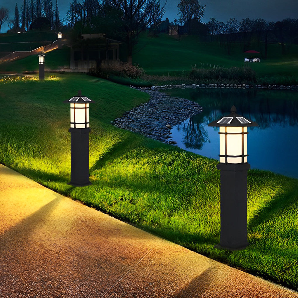 Modern Solar LED Bollard Lights with Ancient Asian Style Top Waterproof Outdoor Light
