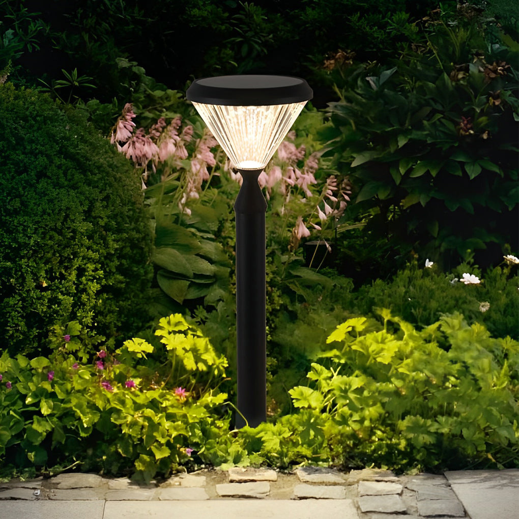 Round Solar LED Outdoor Lights in Black with Ribbed Lampshade