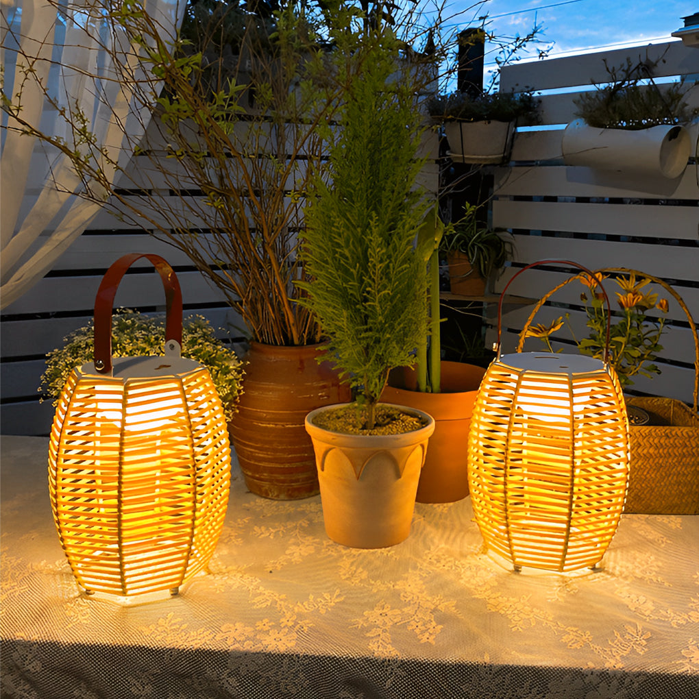 Portable Rattan Lantern Waterproof LED Modern Solar Outdoor Light Floor Lamp - Dazuma