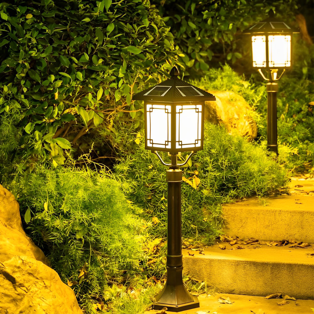 Ancient House Style Solar LED Post Light with 3-Step Dimming Durable Outdoor Lamp