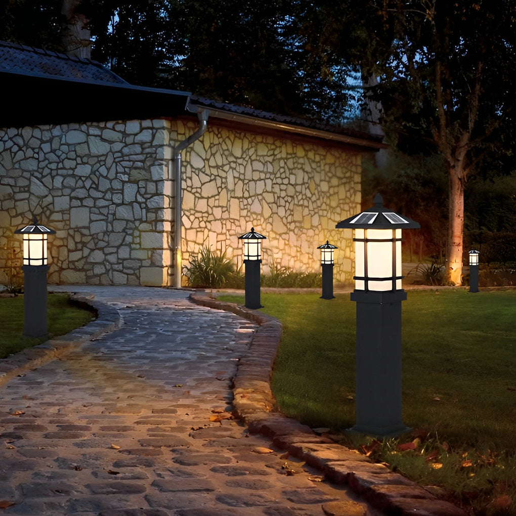 Modern Solar LED Bollard Lights with Ancient Asian Style Top Waterproof Outdoor Light