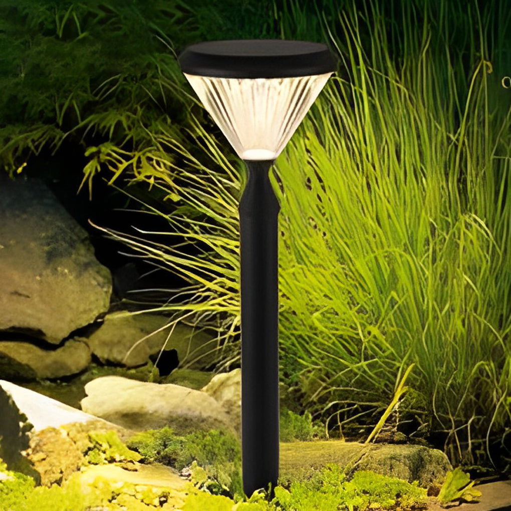 Round Solar LED Outdoor Lights in Black with Ribbed Lampshade