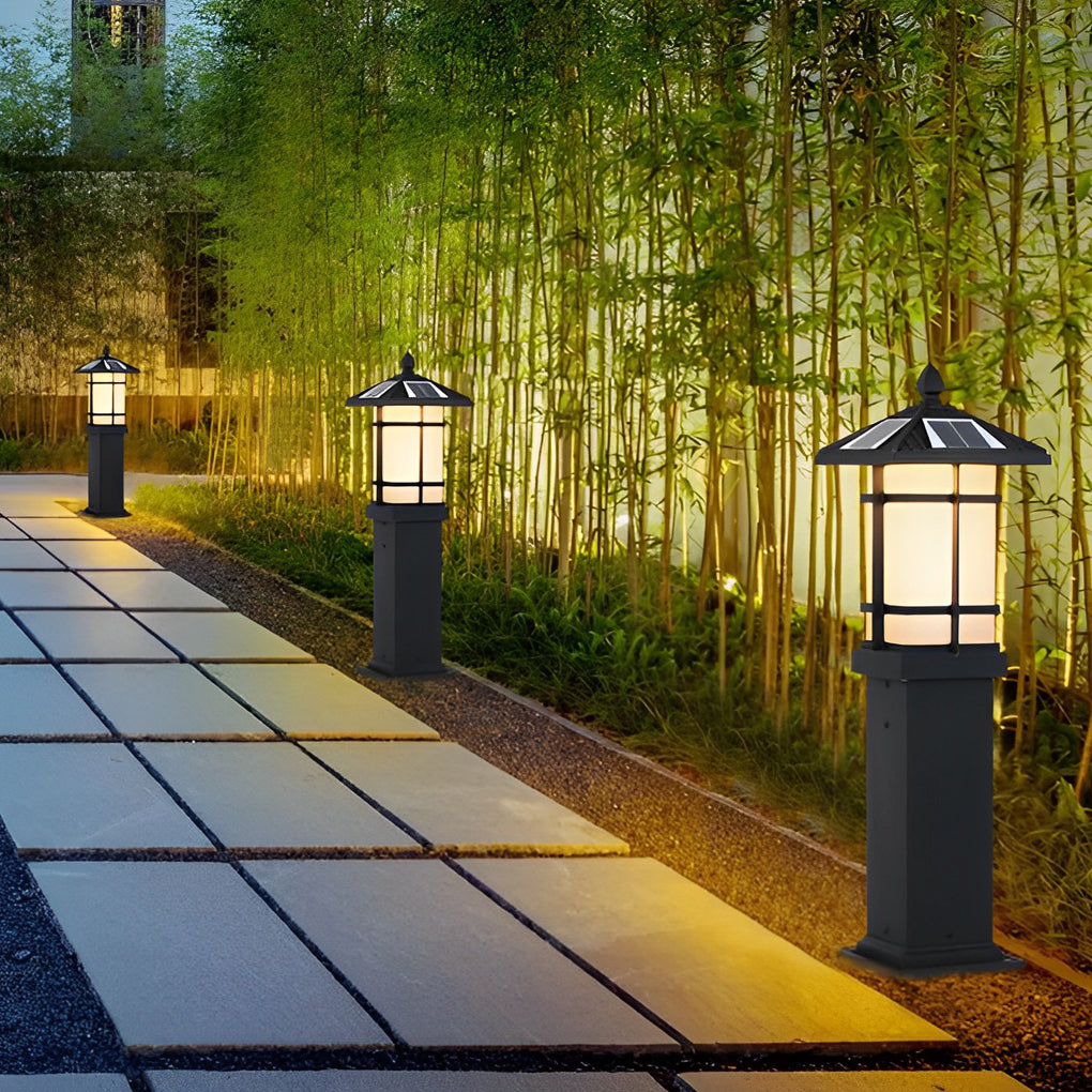 Modern Solar LED Bollard Lights with Ancient Asian Style Top Waterproof Outdoor Light