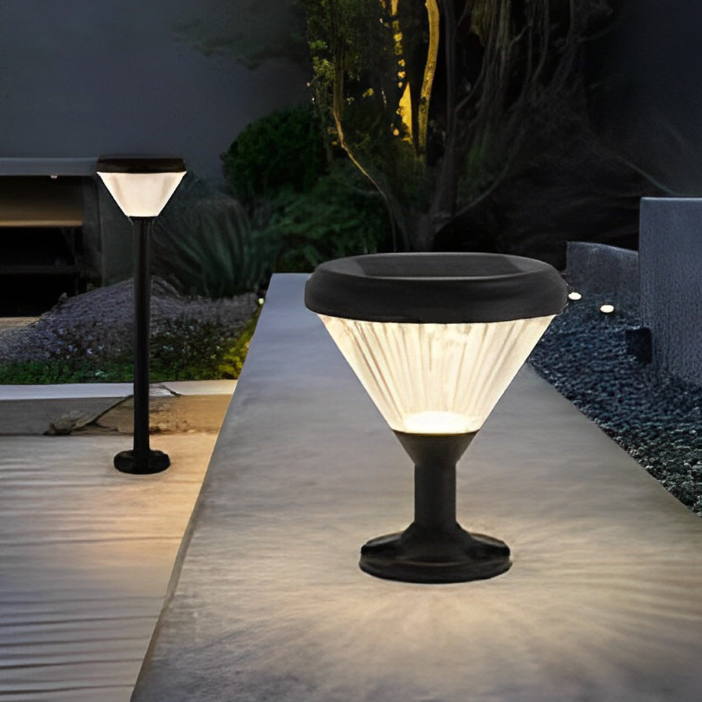 Round Solar LED Outdoor Lights in Black with Ribbed Lampshade