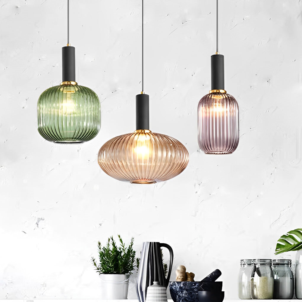 Glass Lantern Shaped Striped Creative Led Nordic Chandelier Pendant Lights - Dazuma