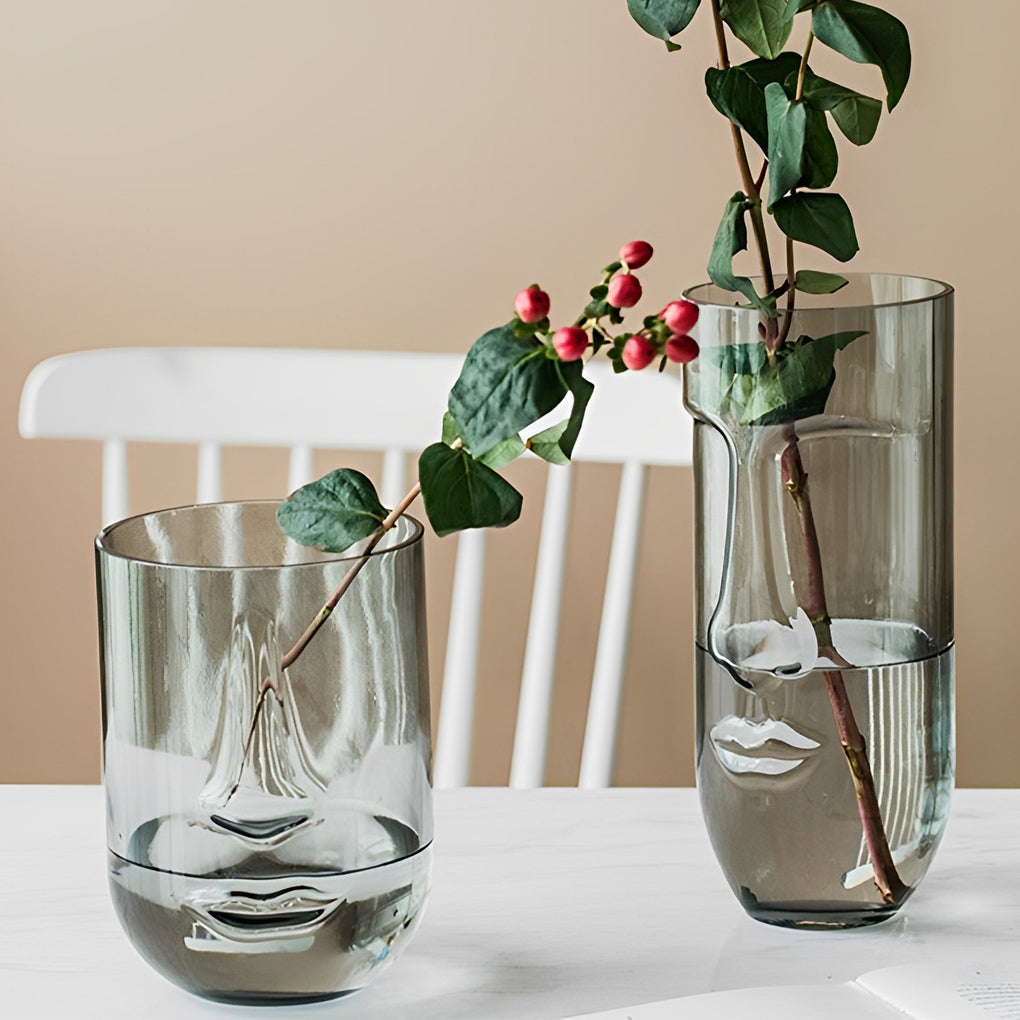 Abstract Human Face Glass Vase Gray Cylinder Decorative Vase - Dazuma