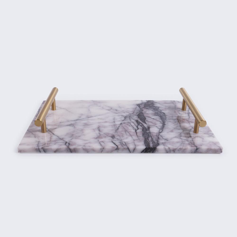 Marble Food Tray Serving Tray with Gold Handles White Rectangle
