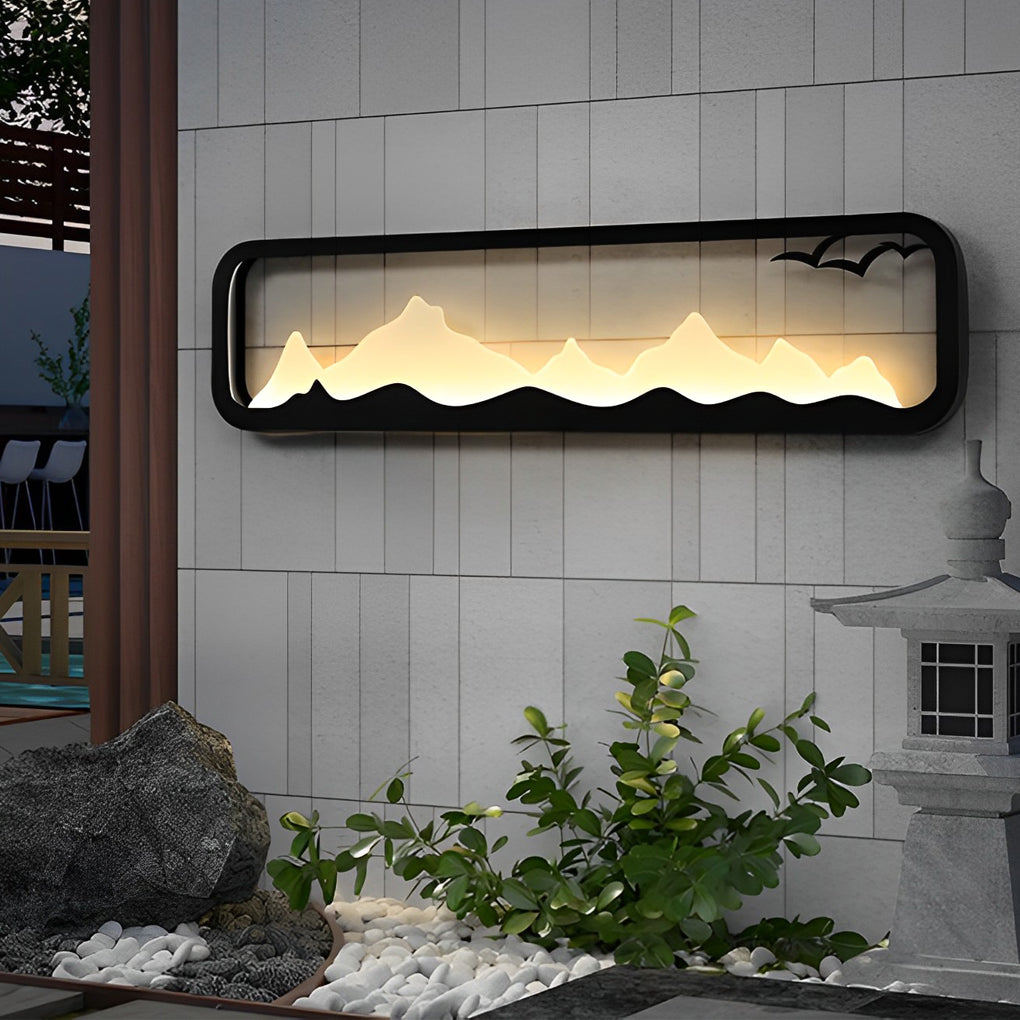 Rectangular Mountain Scenery LED Waterproof Black Outdoor Wall Lamp