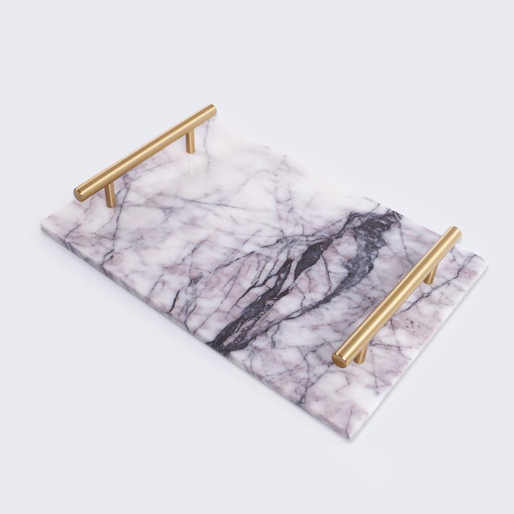 Marble Food Tray Serving Tray with Gold Handles White Rectangle