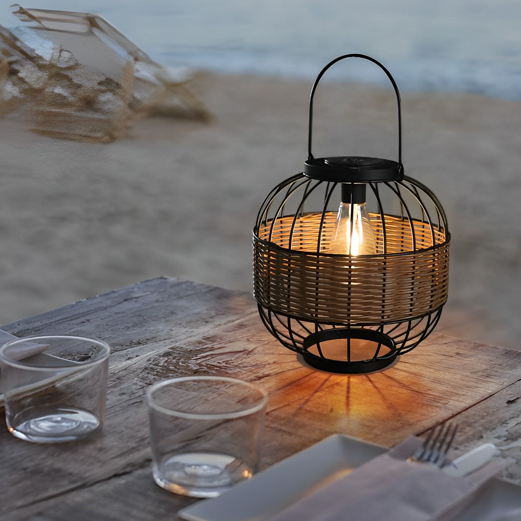Rattan Decor Cage Shape Waterproof Intelligent Outdoor Solar Lanterns - Dazuma