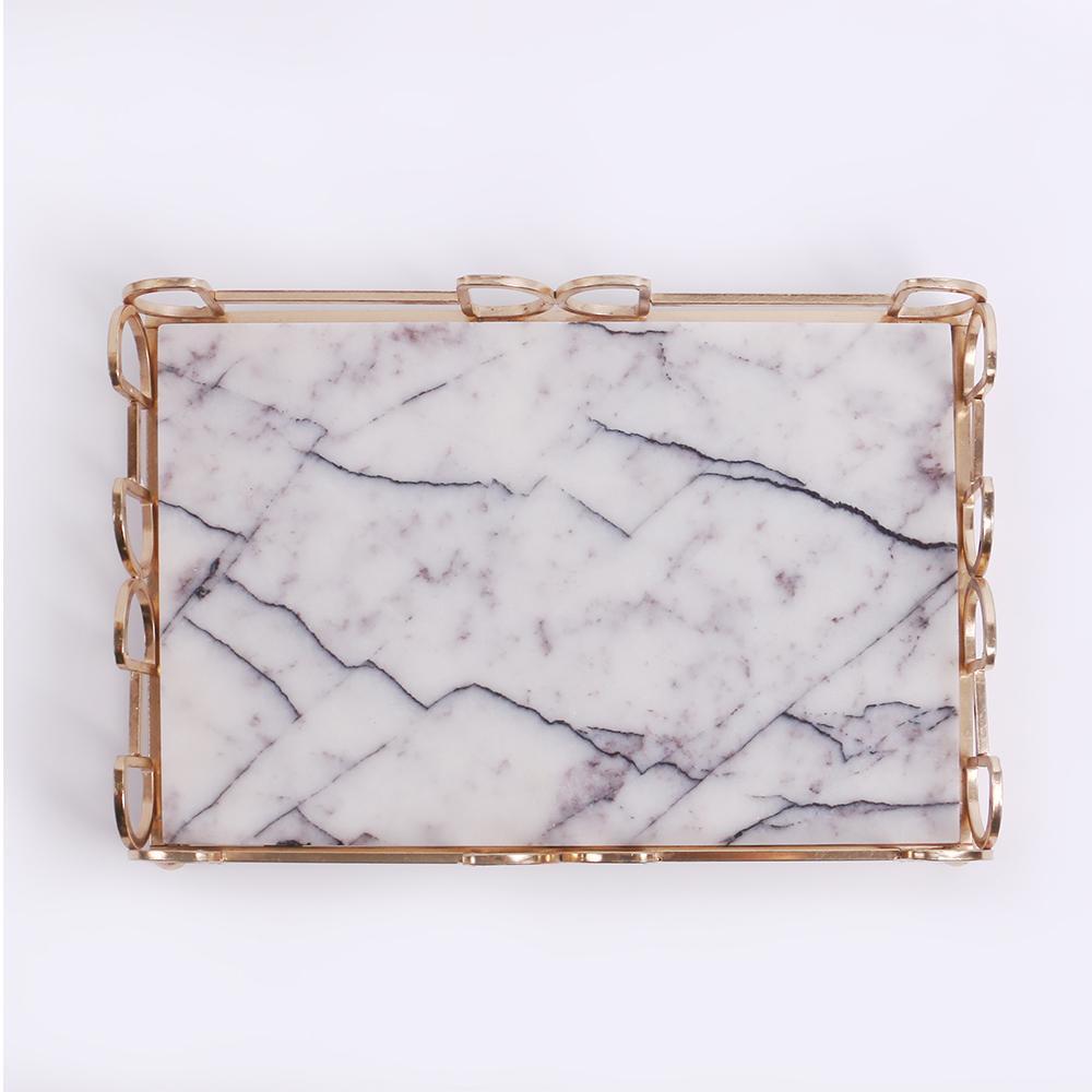Marble Trinket Vanity Perfume Tray with Gold Holder White Rectangle