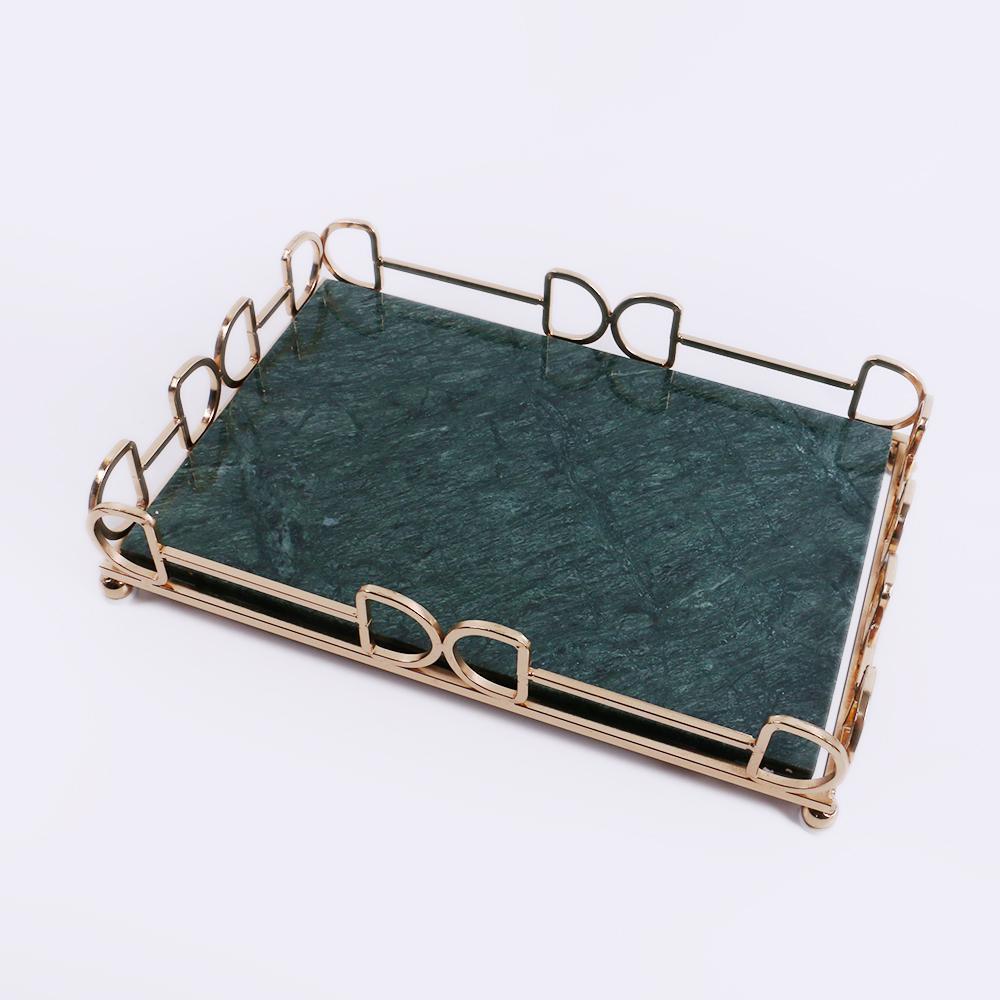 Marble Vanity Tray for Bathroom Counter with Gold Holder Green Rectangle