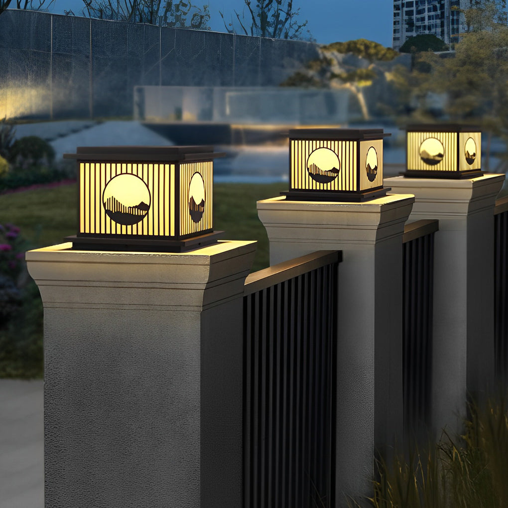 Retro Mountain Scenery LED Waterproof Black Modern Solar Pillar Lamp