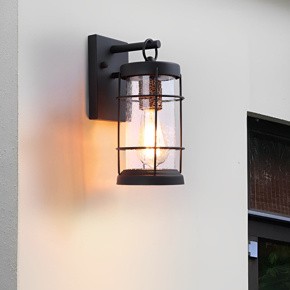 Waterproof Iron Glass Lantern Black Retro Rustic Exterior Wall Lights - Dazuma