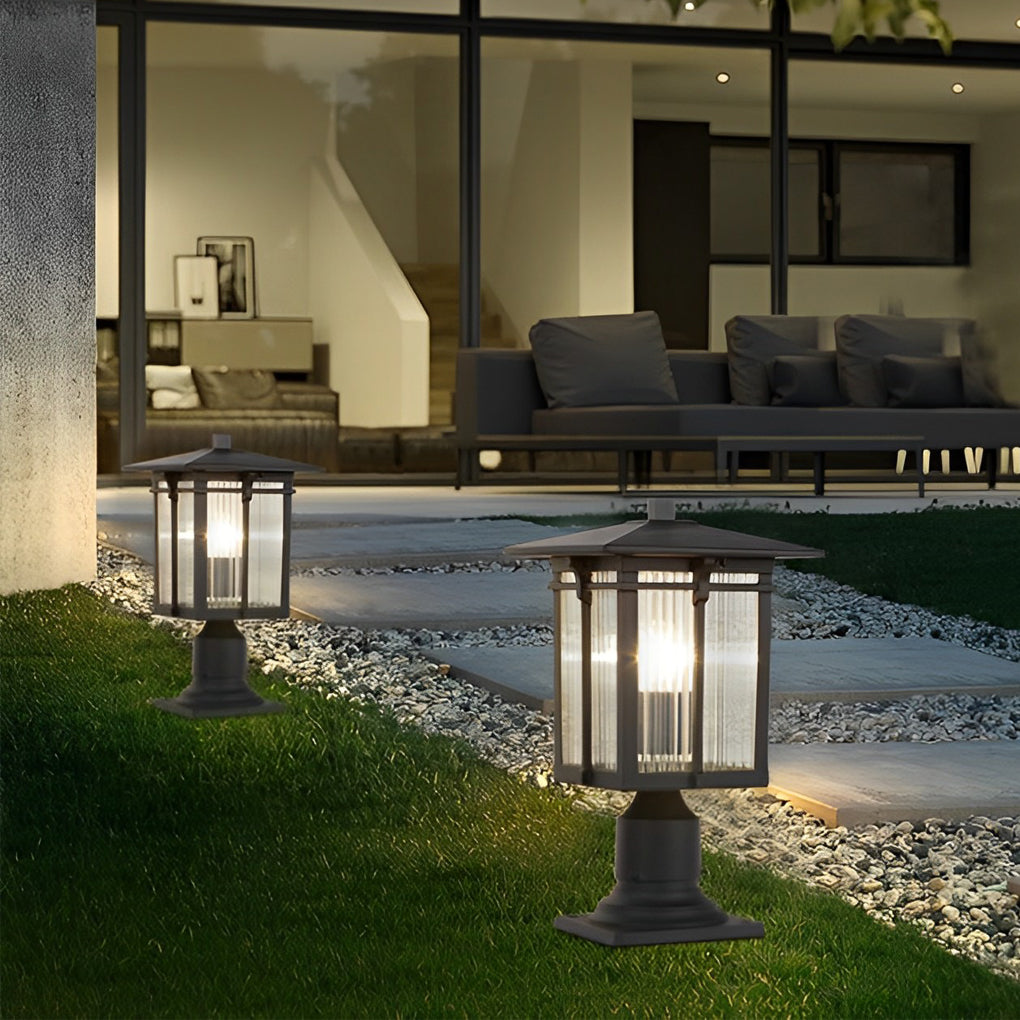 Striped Glass Shade LED Waterproof Black Modern Outdoor Post Lights