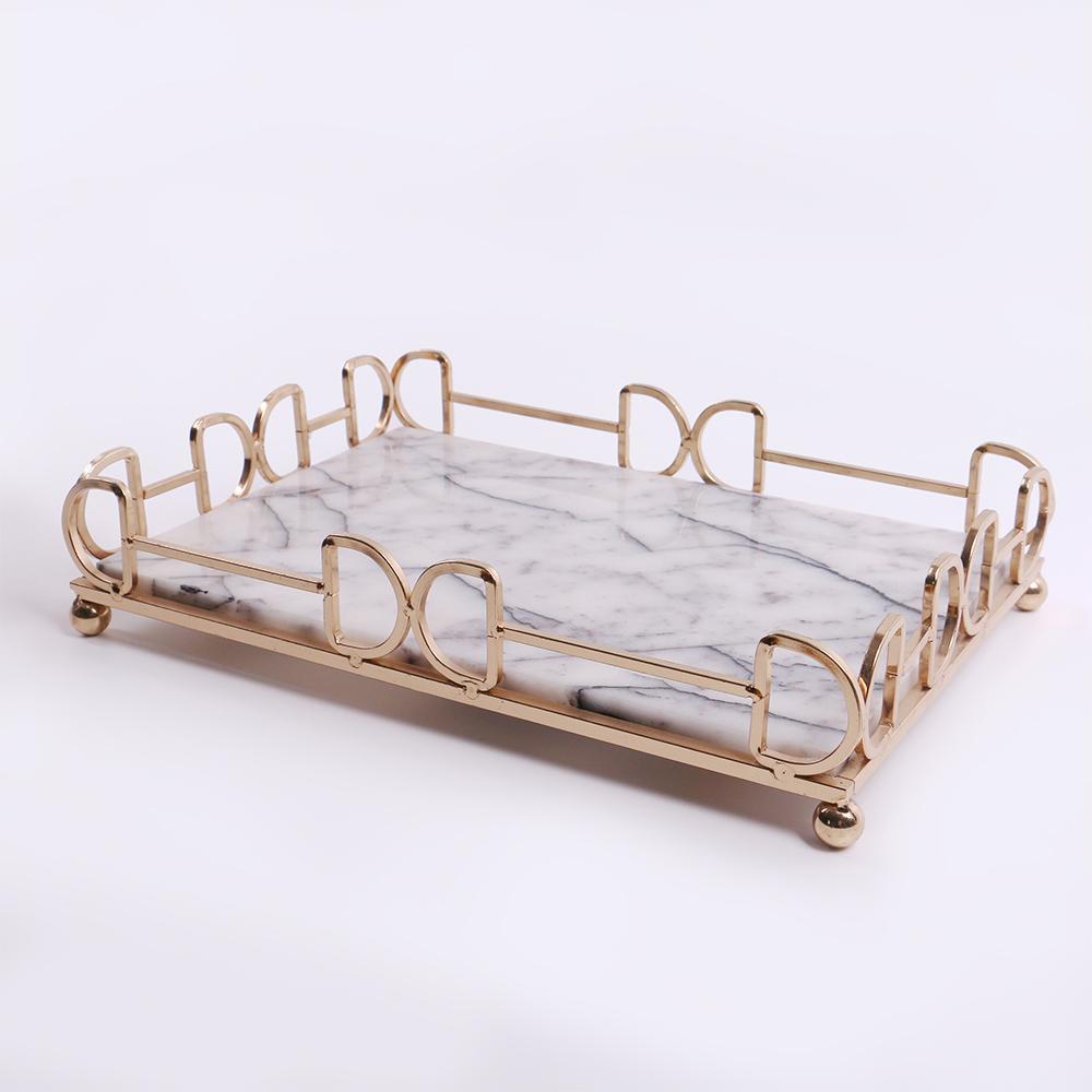 Marble Trinket Vanity Perfume Tray with Gold Holder White Rectangle
