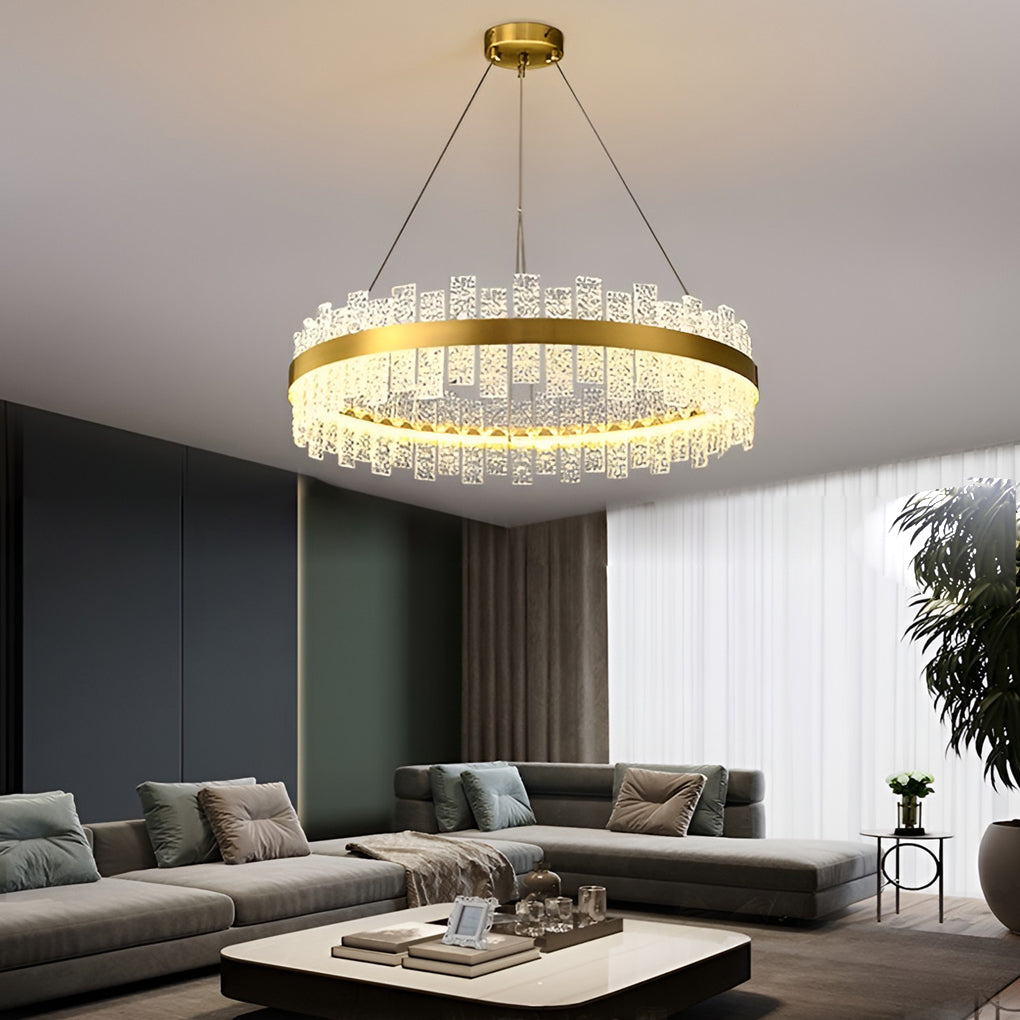 Round Dimming LED Glass Modern Crystal Chandelier Hanging Lamp Pendant Light - Dazuma