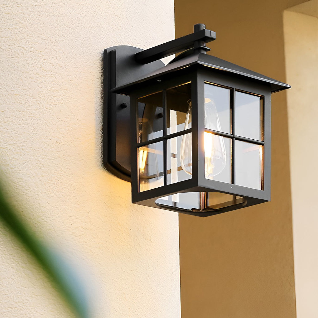 Antique Lantern Shaped Glass Waterproof Black Modern Wall Sconce Lighting