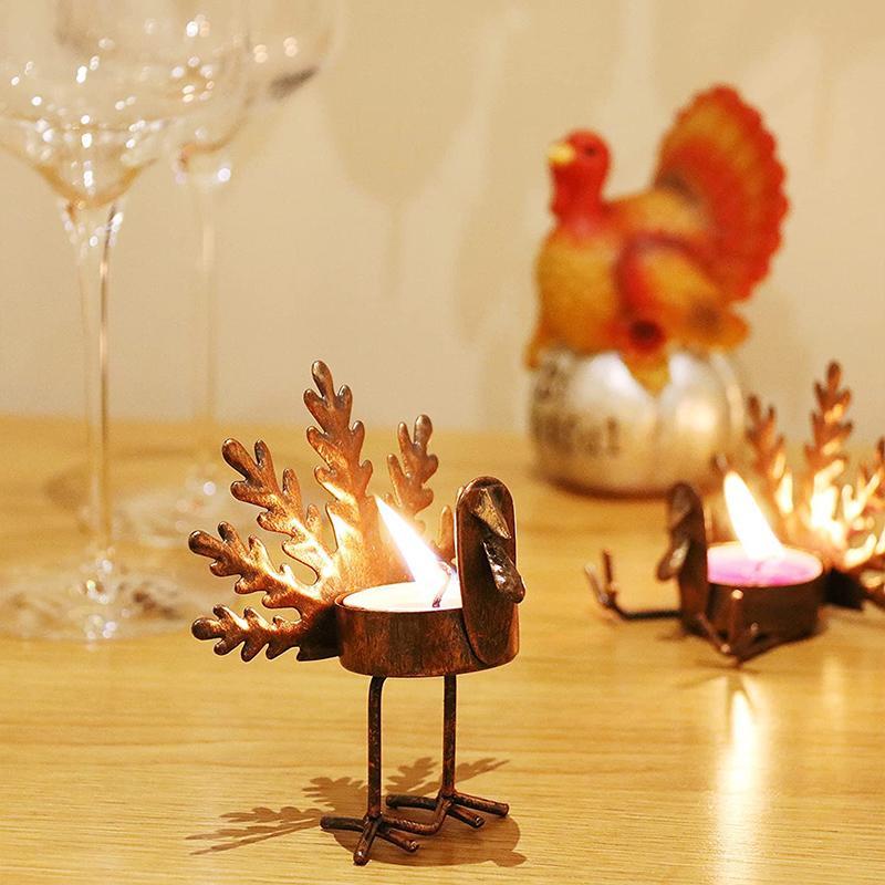 6-Piece Metal Turkey Tea Light Candle Holder Set Thanksgiving Decoration
