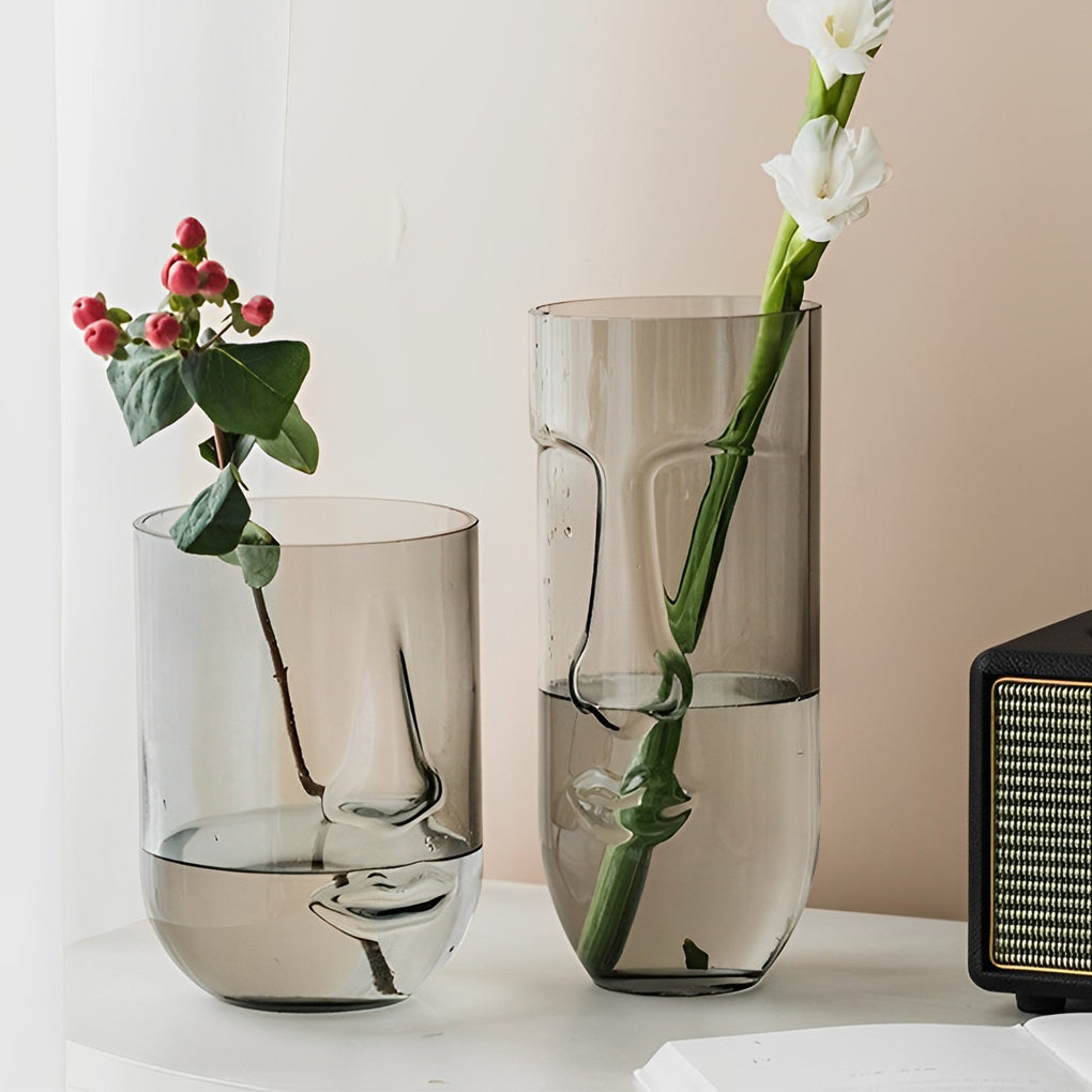 Abstract Human Face Glass Vase Gray Cylinder Decorative Vase