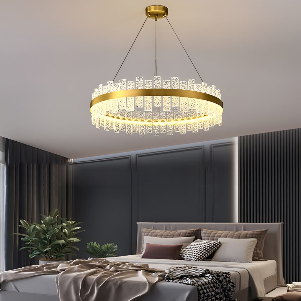 Round Dimming LED Glass Modern Crystal Chandelier Hanging Lamp Pendant Light
