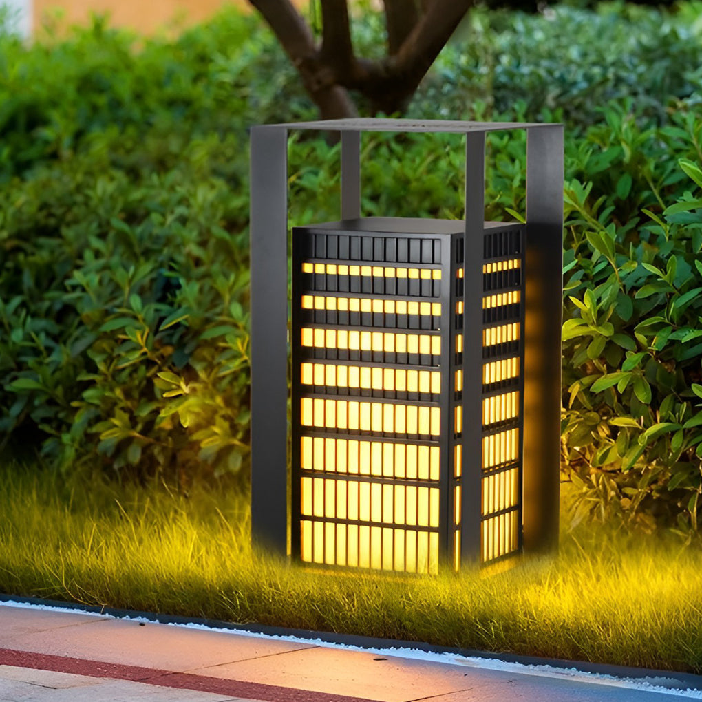Black Industrial LED Outdoor Pathway Lantern - Building-Inspired Cuboid Design