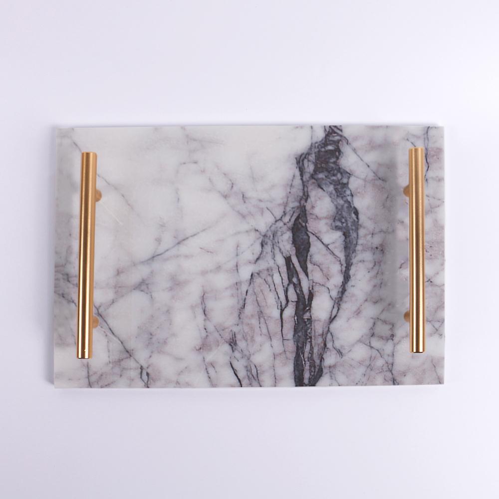 Marble Food Tray Serving Tray with Gold Handles White Rectangle