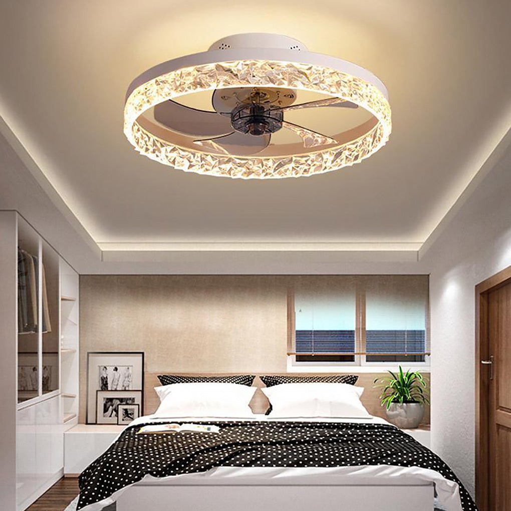 5 - Blade Circular Iron Rustic Flush Mount Ceiling Fan With LED Bulbs Remote Control