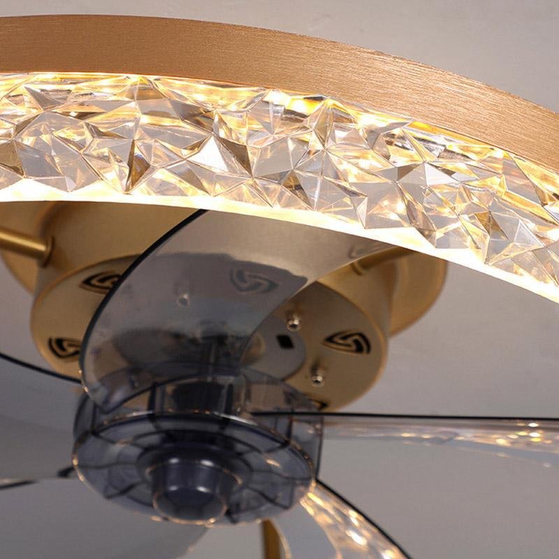 5-blade fan light crystal ring detail with faceted lighting surface.