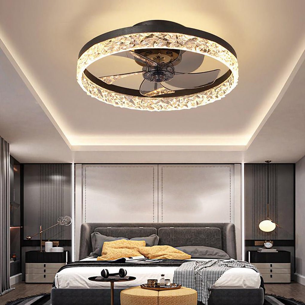 5-blade fan light installed in a luxury bedroom with recessed ceiling lighting.