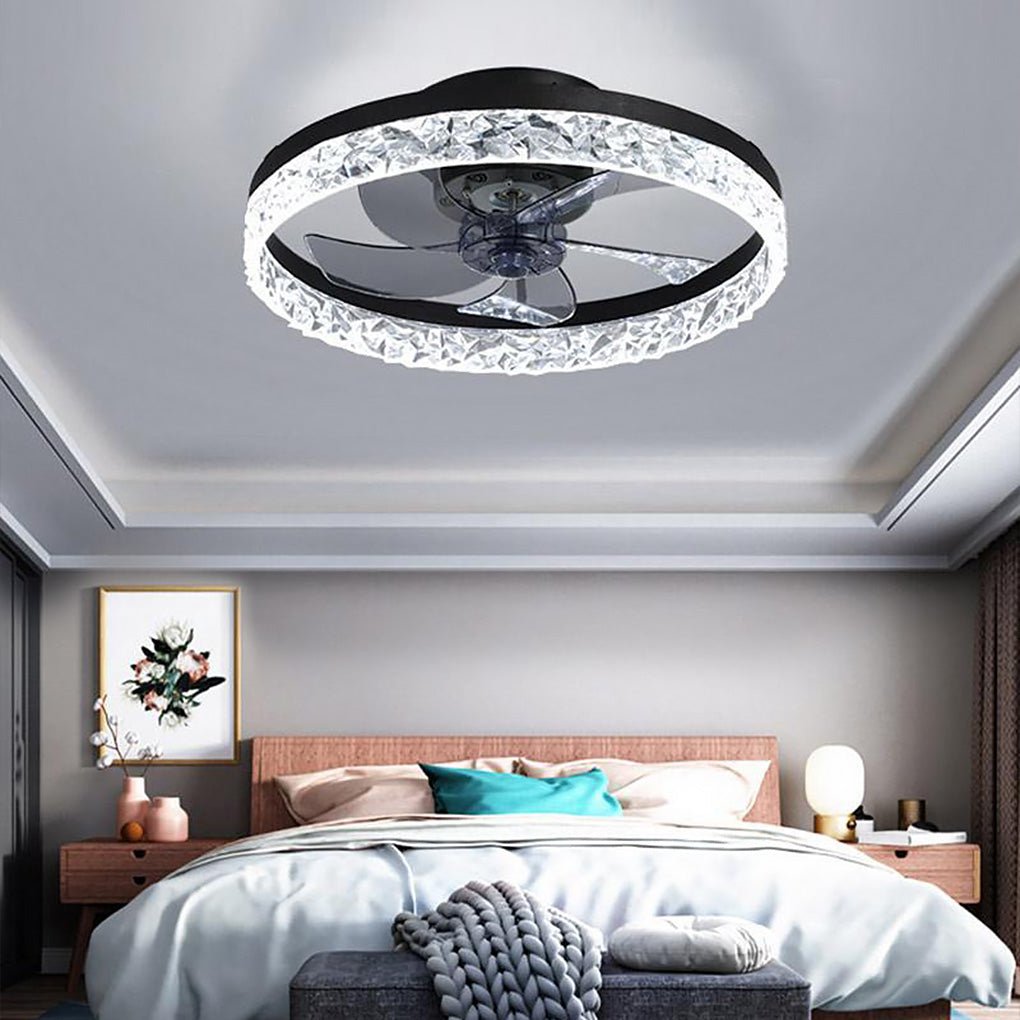 5-blade fan light mounted in a modern bedroom with layered lighting design.