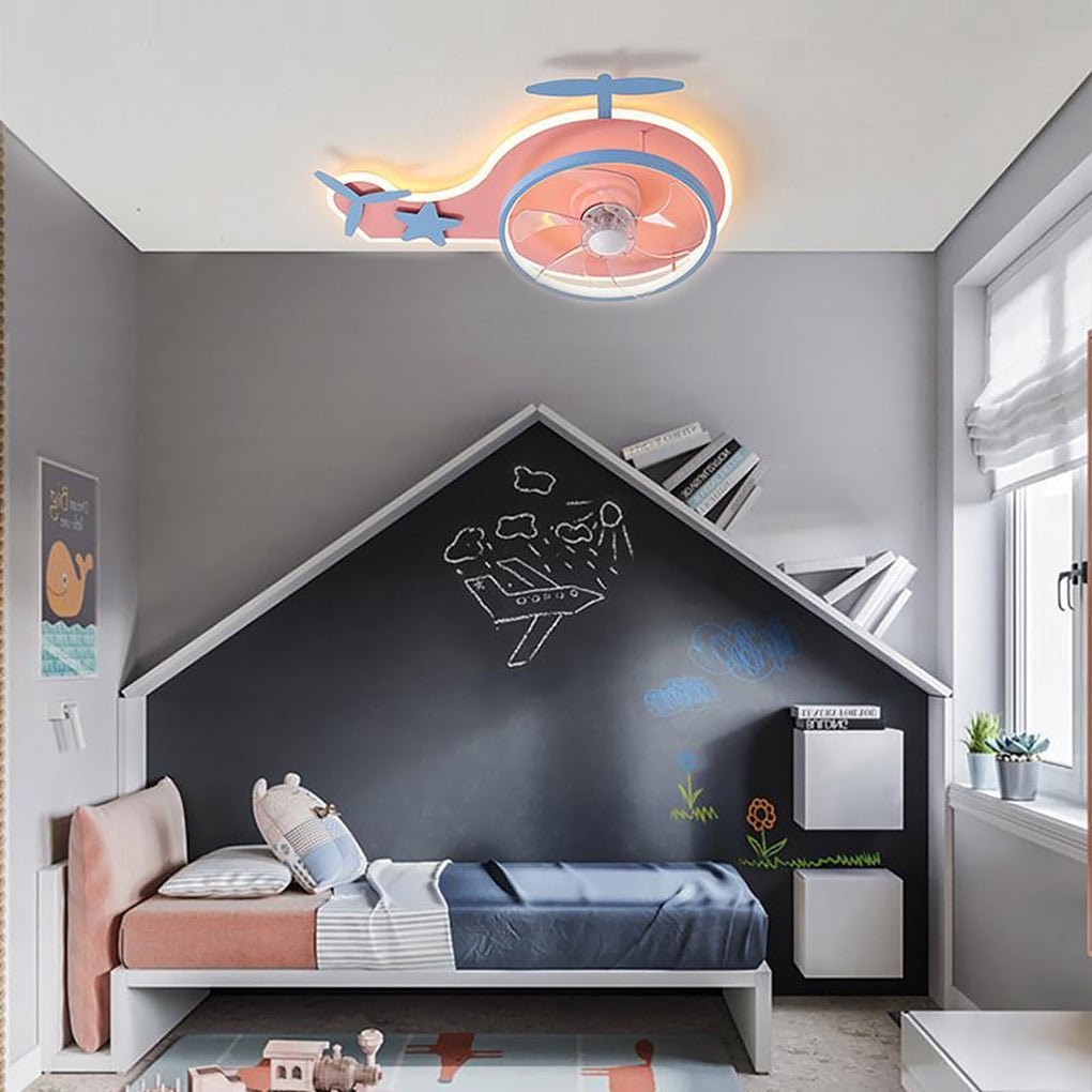 Modern Creative Unique Helicopter Shaped LED Ceiling Fan with Lights Kids Bedroom Transparent Blades Ceiling Fans with Chandelier for Living Room - Dazuma