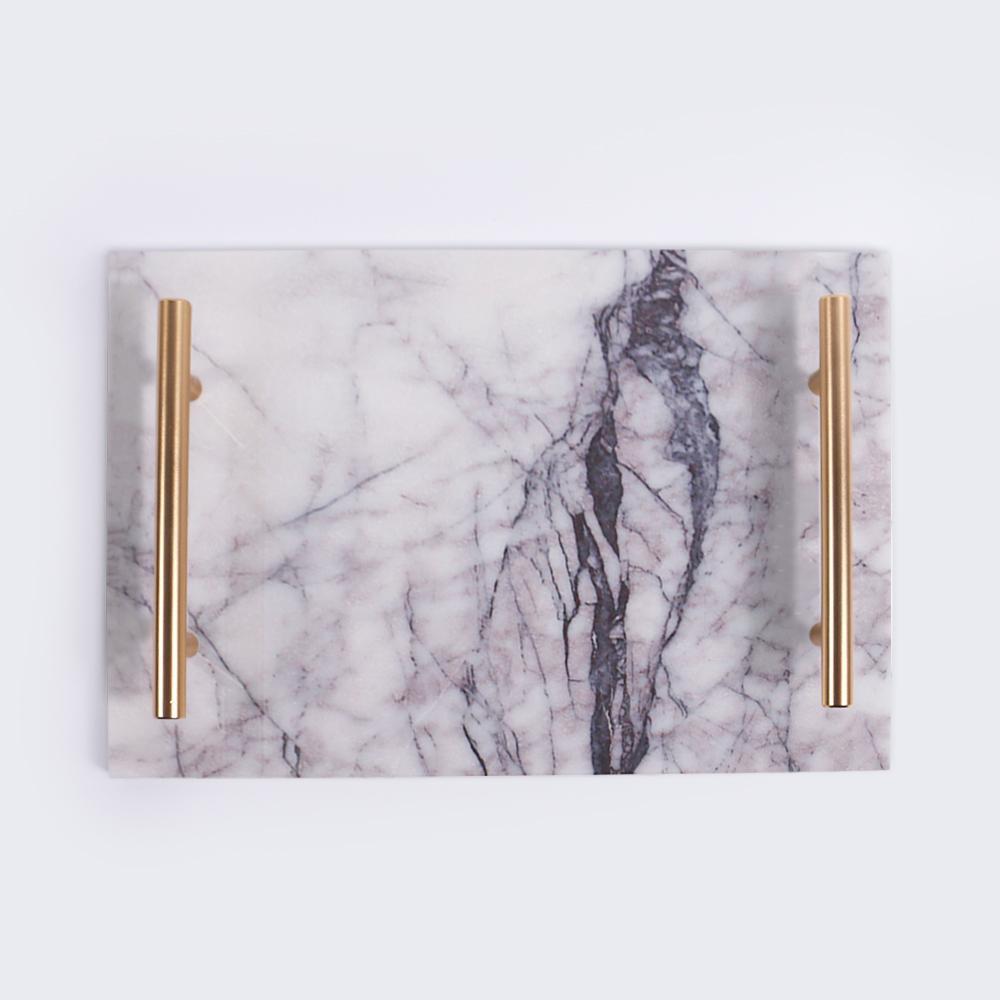 Marble Food Tray Serving Tray with Gold Handles White Rectangle