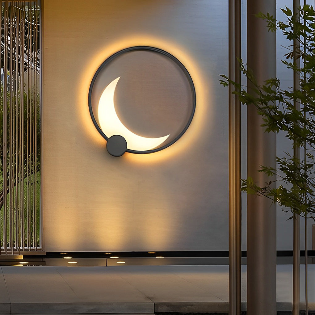 Round Moon Waterproof Black LED Wall Sconce Lighting Outdoor Wall Lamp - Dazuma