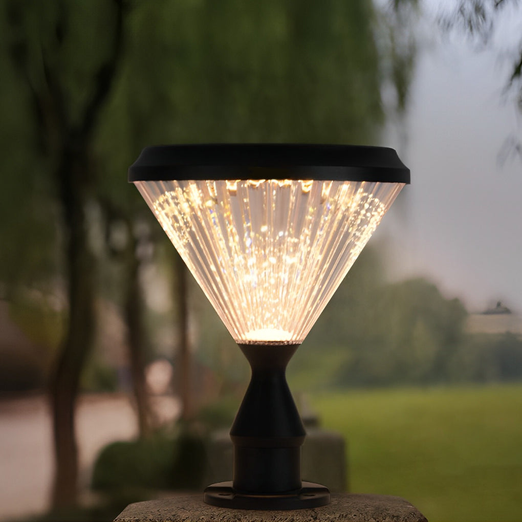 Round Solar LED Outdoor Lights in Black with Ribbed Lampshade