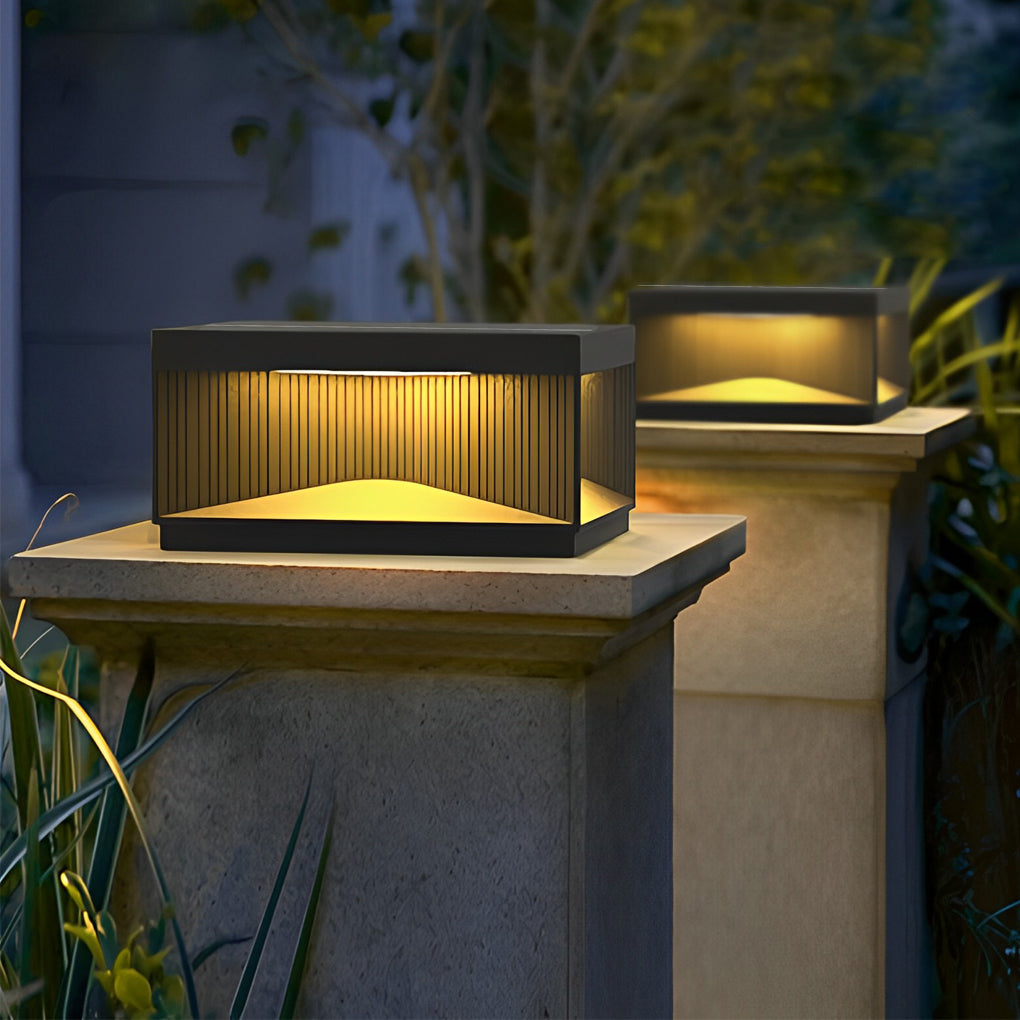 [Open-Box]Square Metal Striped Decor LED Waterproof Black Solar Fence Post Light