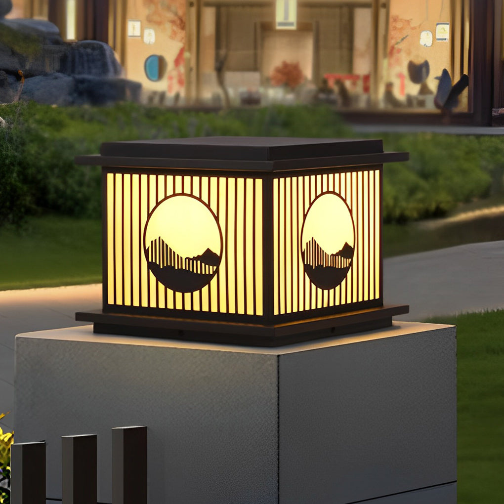 Retro Mountain Scenery LED Waterproof Black Modern Solar Pillar Lamp
