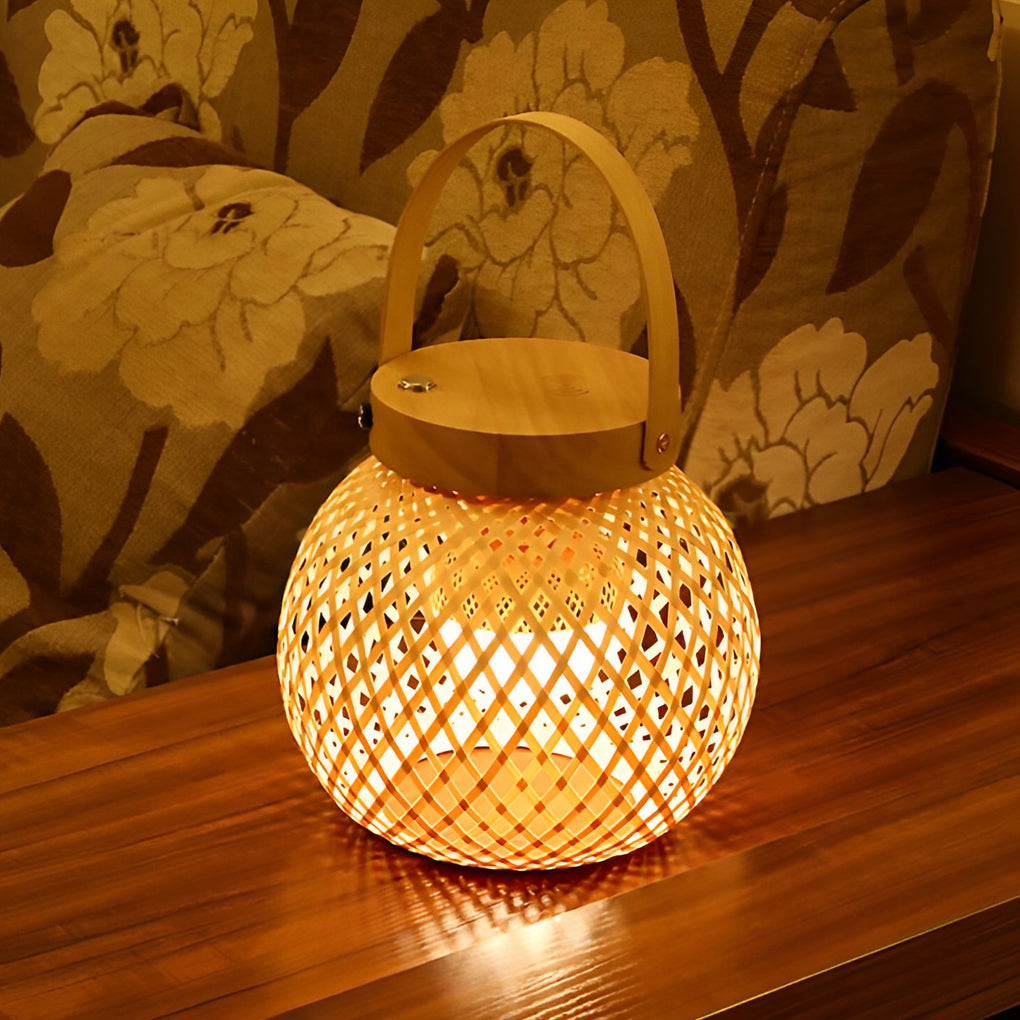 Portable Woven Shade Desk Lantern with Handle, Bamboo Table Lamp with Lid