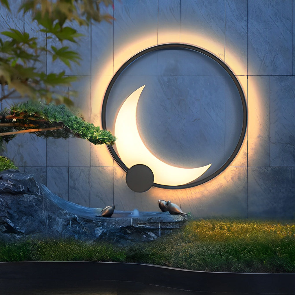 Round Moon Waterproof Black LED Wall Sconce Lighting Outdoor Wall Lamp