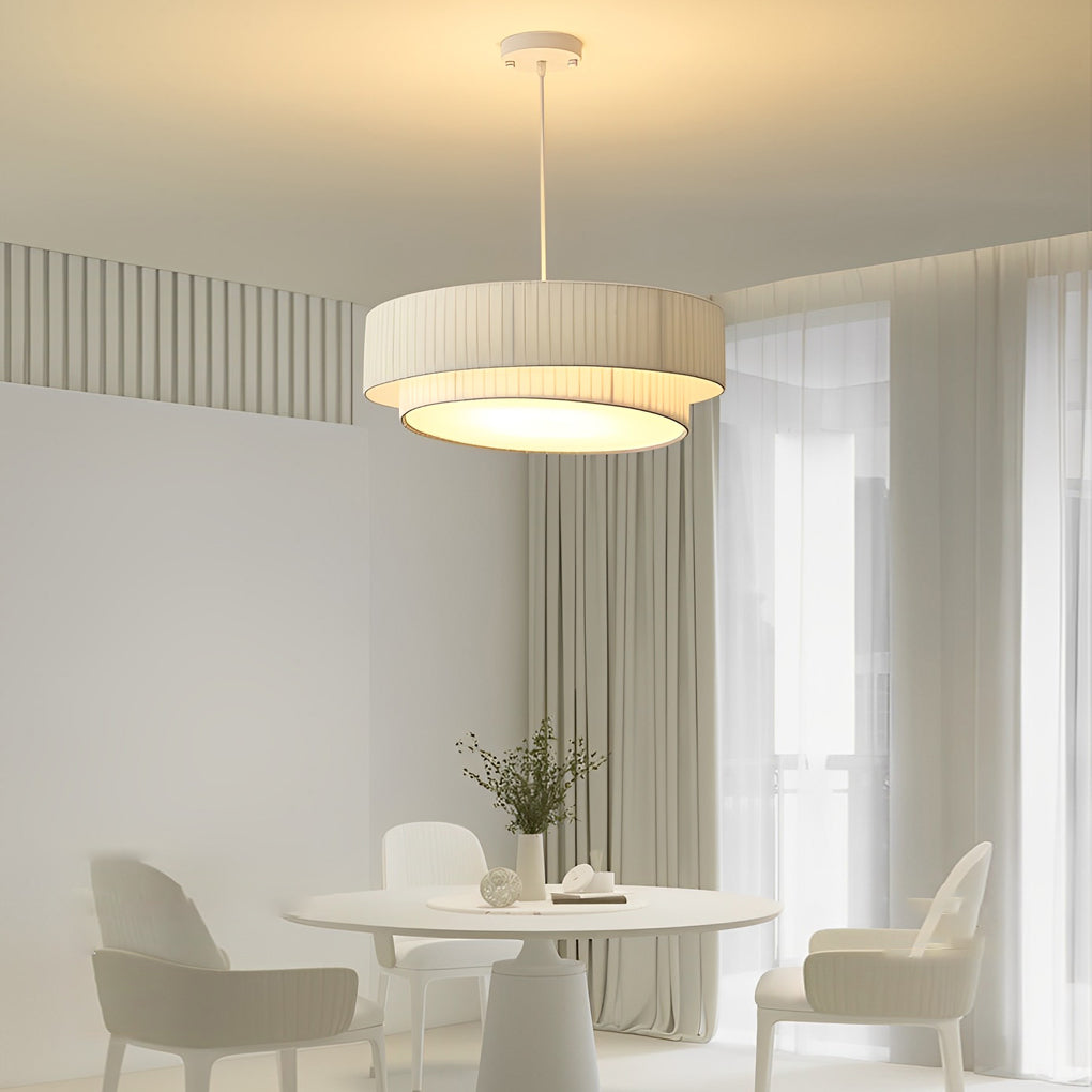 Double Layer Drum Pleated Fabric White Creative Nordic Chandelier Light - Dazuma