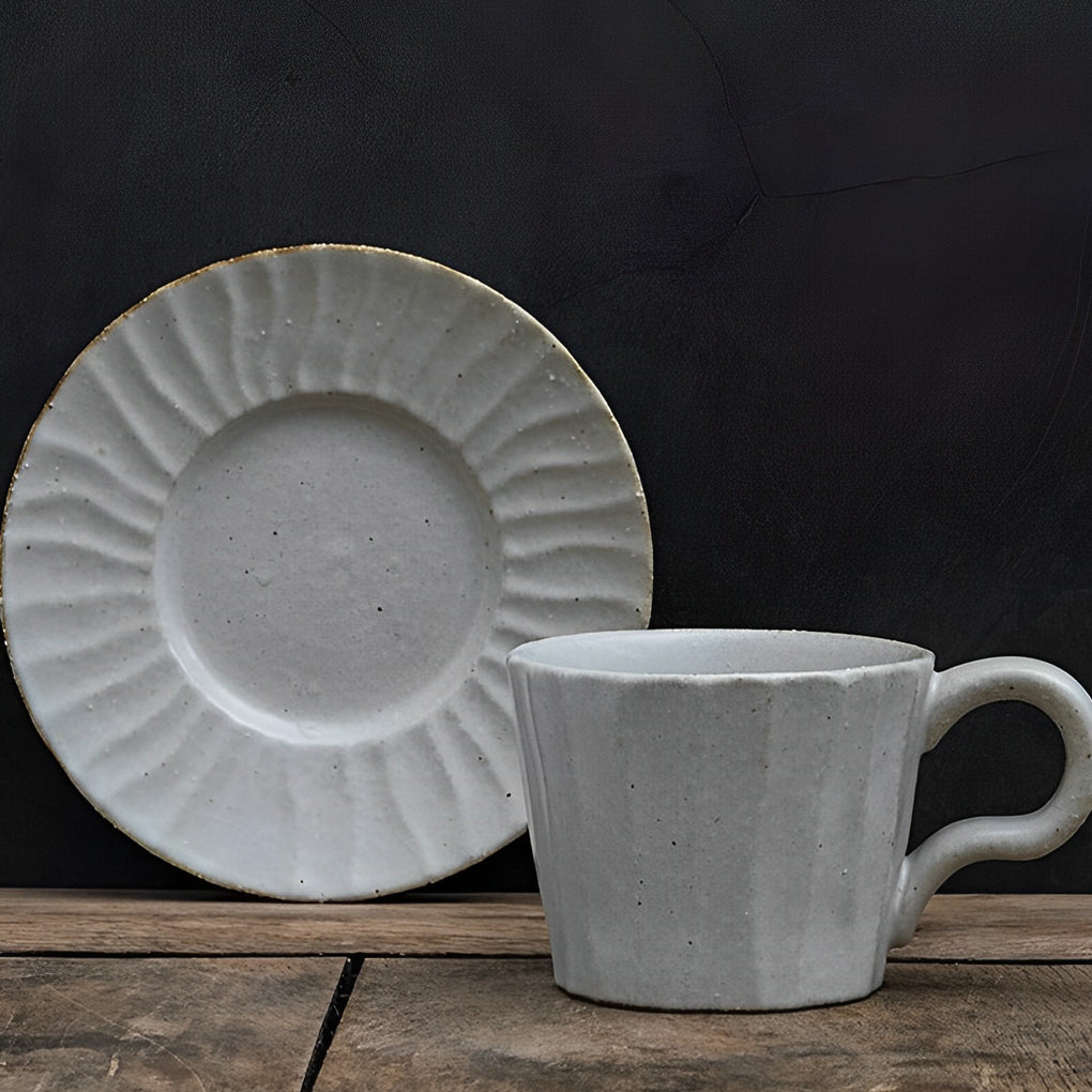 Lightly Splattered White Stoneware Cup With Spoon
