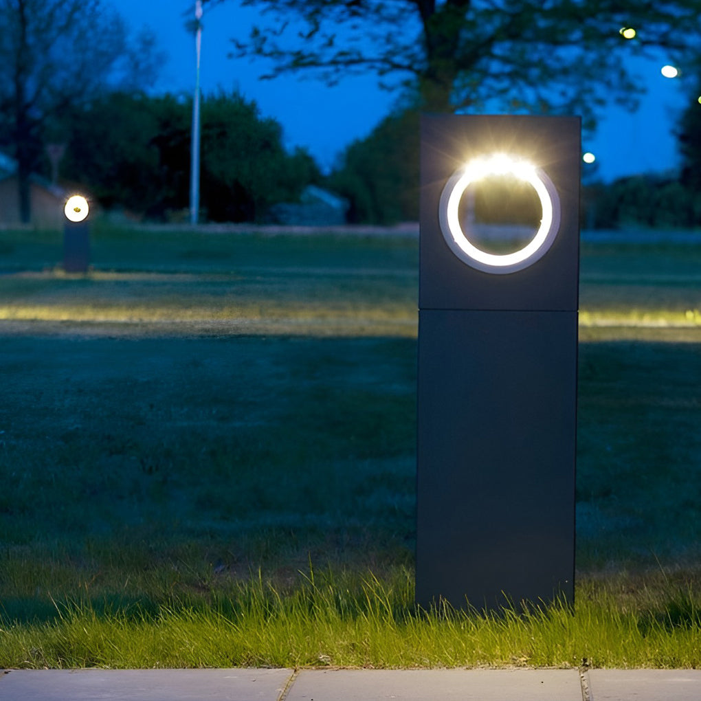 Sleek Black Modern Outdoor Pathway Bollard Lights with Unique Round Hole Feature