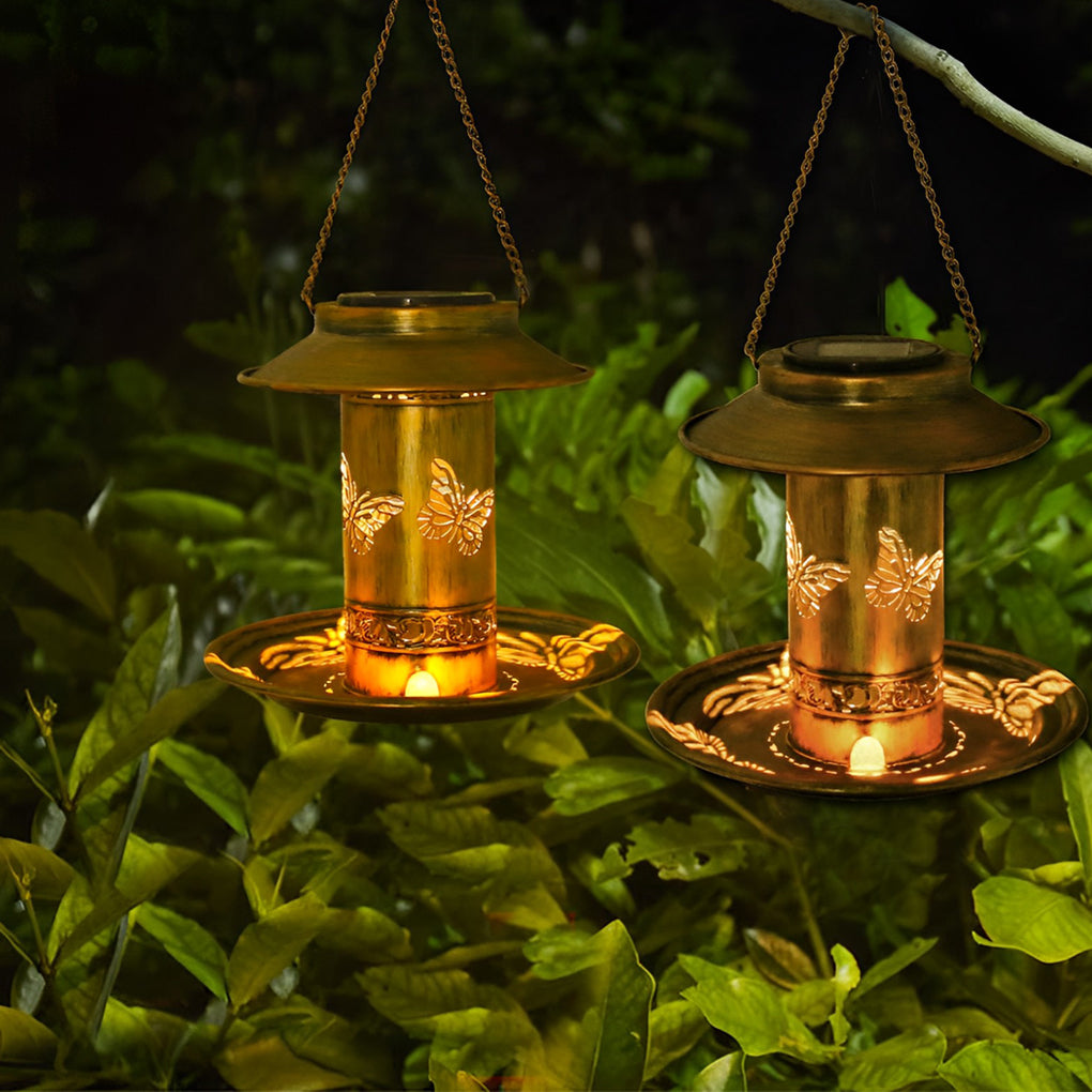 Retro Butterflies Hollow Metal Rustic Bird Feeder Solar Hanging Lights